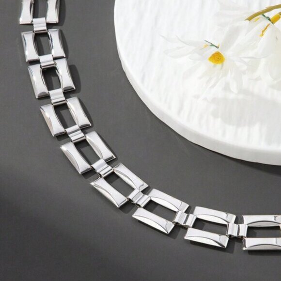 Sterling Silver 925 Geometric Square Link Necklace & Bracelet Set - Picture 5 of 5